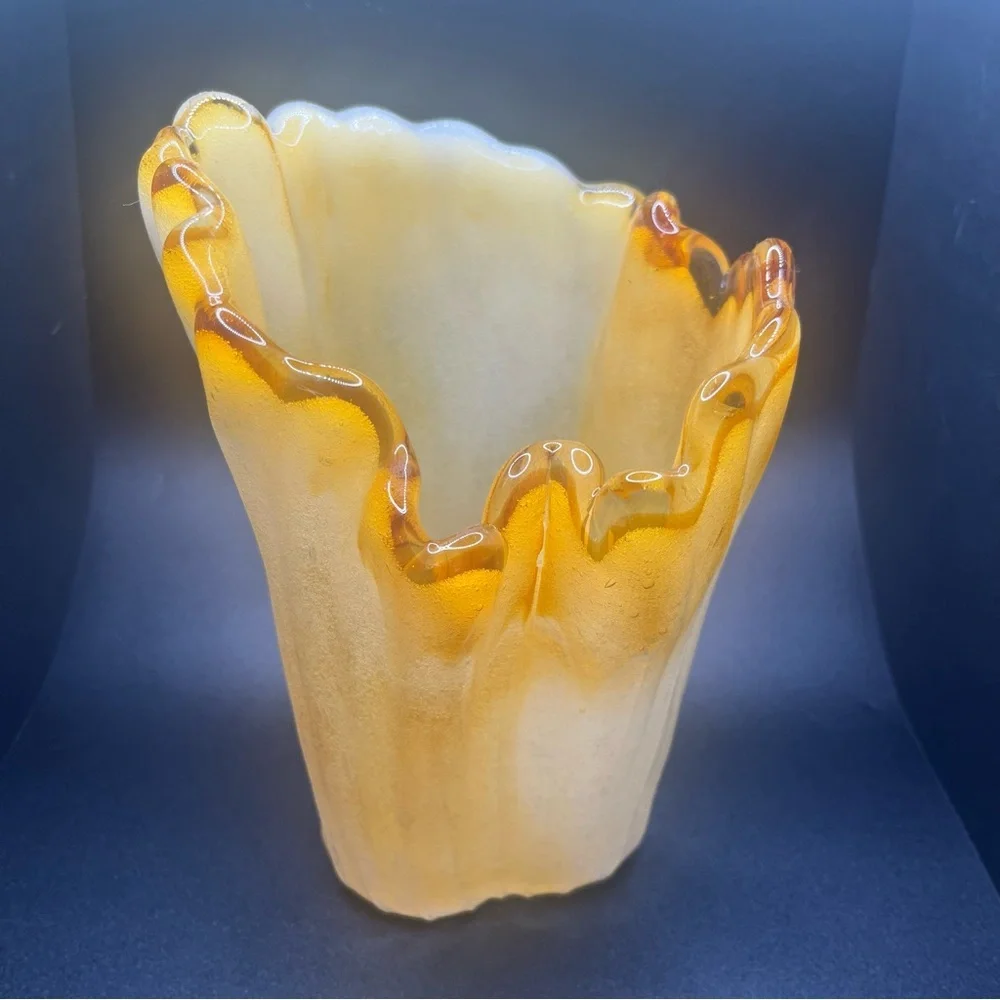 Vintage amber art glass vase handkerchief ruffle mid century murano style
